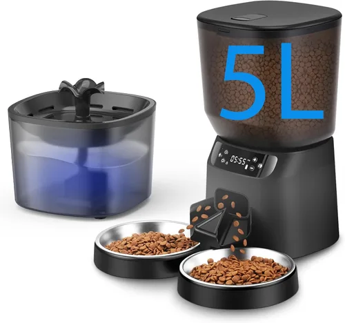 Miniatura 10 de Alimentador automático para gatos y fuente de agua, dispensador de alimentos secos para gatos con temporizador de 4 litros/16 tazas, llamada