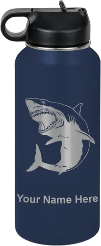 Miniatura 56 de LaserGram Botella de agua personalizada, gran tiburón blanco, acero inoxidable de doble pared aislada al vacío con popote superior, regalo grabado