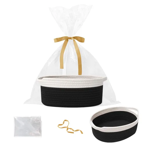 Miniatura 35 de Paquete de 2 canastas pequeñas de cuerda tejida, cesta de regalo vacía con bolsa y cintas, bonita caja organizadora con asa para cumpleaños/baby
