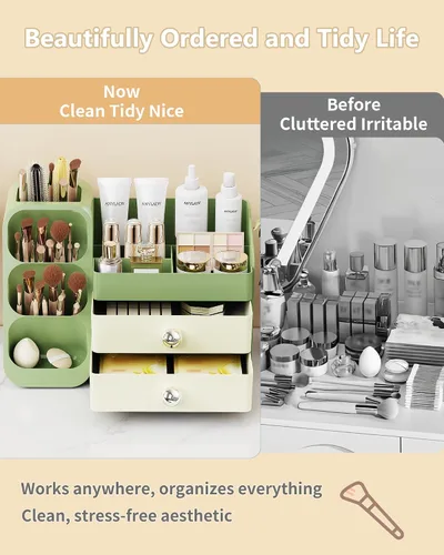 Miniatura 7 de Anylady Organizador de maquillaje de gran capacidad con soporte para brochas de maquillaje para tocador, material grueso, organizador de encimera