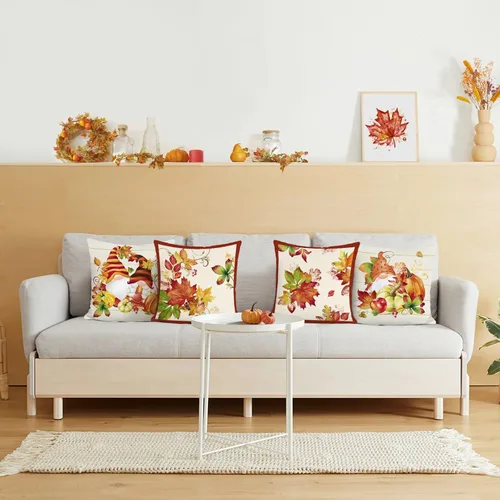 Miniatura 3 de Bonhause Juego de 4 fundas de almohada de gnomos de otoño de 18 x 18 pulgadas, diseño de calabaza y hojas de arce otoñales, fundas de almohada