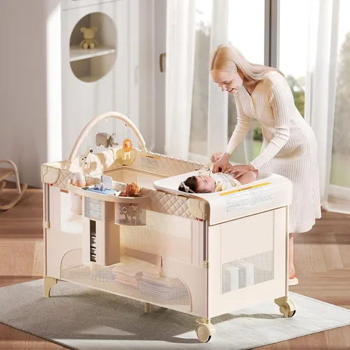 Miniatura 4 de 4 en 1 Cuna para bebé, lista para jugar, moisés junto a la cama, cuna para bebé con cambiador de pañales, mosquitero, almacenamiento inferior y Beige