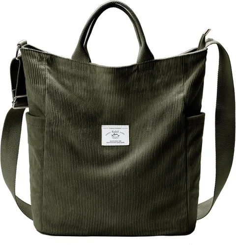KALIDI Bolso de mano de pana, bolso grande tipo mensajero para hombro, antisalpicaduras, bolsa cruzada con cremallera, casual, trabajo, compras,