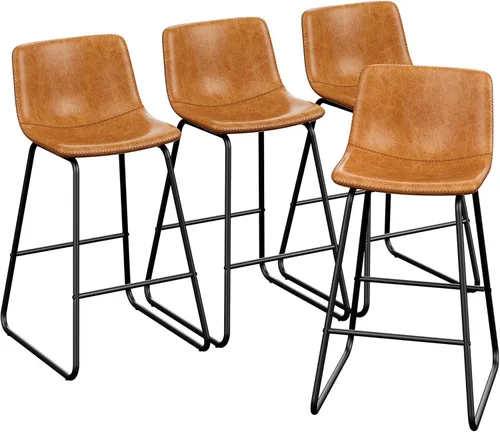Miniatura 19 de REONEY Juego de 2 taburetes de bar de piel sintética de 26 pulgadas, taburetes de bar modernos con patas de metal y reposapiés, sillas urbanas sin