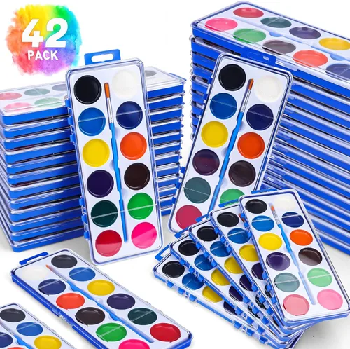 Miniatura 8 de Juego de 42 pinturas de acuarela para niños, 12 colores de acuarelas con pincel, juego de pintura de acuarela para niños para recuerdos de fiesta