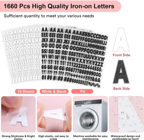 Miniatura 3 de 10 hojas con 1660 piezas de letras y números para planchar, letras de vinilo de 1 pulgada para planchar con letras de transferencia térmica de la A