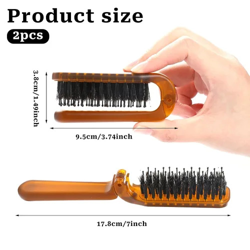 Miniatura 4 de Paquete de 2 cepillos plegables para el cabello, cepillo de tamaño de viaje con cerdas naturales de jabalí y pasadores de nailon, cepillo pequeño