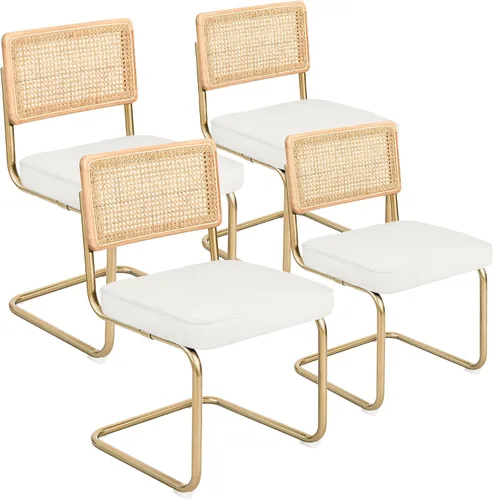 Miniatura 14 de CangLong Juego de 2 sillas de comedor de terciopelo, sillas de comedor de ratán con patas de metal y respaldo de ratán de malla natural, sillas
