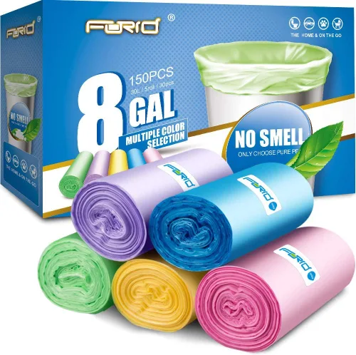 FORID Bolsas de basura pequeñas – 2.6 galones, 8 galones – 300 unidades en 10 rollos, 5 colores – Bolsas de basura duraderas para oficina, hogar,
