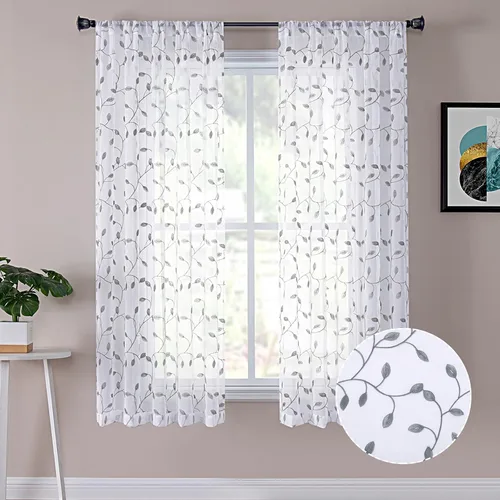 Tollpiz Cortinas Cortas Transparentes de Hojas con Bordado de Hojas Grises, Cortinas de Dormitorio con Bolsillo para Barra, Voile de Lino Sintético