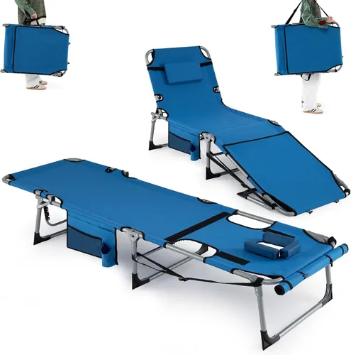 Miniatura 11 de Goplus Silla de bronceado con agujeros para brazos faciales, silla portátil para tomar el sol con respaldo de 4 niveles y almohada para la cabeza