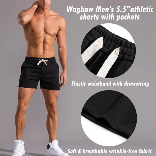 Miniatura 2 de Pantalones cortos de algodón de 5.5/7 pulgadas para hombre, pantalones cortos de entrenamiento de algodón con bolsillos