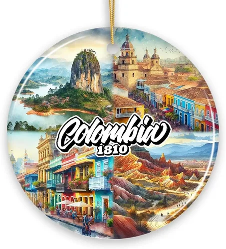 Colorido adorno navideño de cultura y monumentos de Colombia, regalo del patrimonio latinoamericano y recuerdo de Bogotá (círculo - versión 1)
