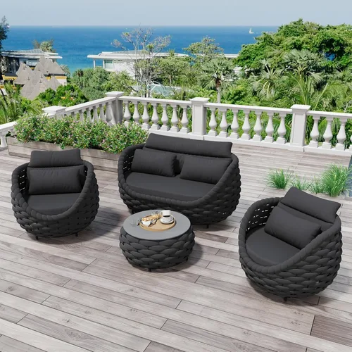 Miniatura 41 de Juego de muebles de patio de 4 piezas ensamblado, conjunto de sofá de conversación para exteriores de cuerda tejida a mano - Sofá de aluminio Cuerda