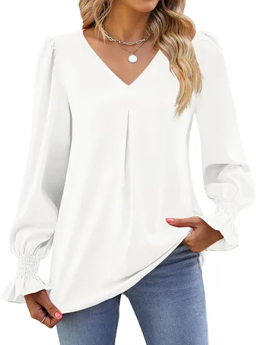 Miniatura 3 de Funlingo Blusas de mujer con mangas largas 2025, elegantes y casuales, con cuello en V, túnica suelta de gasa para el trabajo