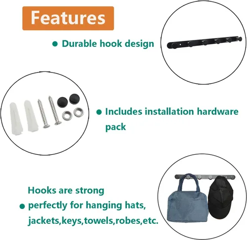 Miniatura 7 de Perchero de pared de acero inoxidable, resistente para colgar en la entrada, estante multiusos con 6 ganchos para dormitorio, baño, pasillo, garaje