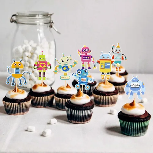 Miniatura 3 de Ercadio Paquete de 36 adornos para magdalenas de robots de dibujos animados impresos, selecciones de cupcakes, decoración de pasteles para temática