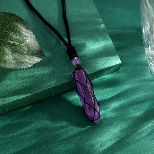 Miniatura 2 de QINJIEJIE Collar de cristal curativo para hombre, diseño hexagonal puntiagudo de cuerda negra, collar con dije de cristal ajustable, piedra