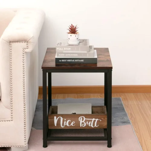 Miniatura 4 de Mesa auxiliar industrial de 2 niveles con estante de almacenamiento, resistente, fácil montaje, muebles decorativos con aspecto de madera con marco