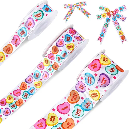 JarThenaAMCS 3 rollos de cinta de grogrén para conversación del día de San Valentín, dulce corazón, sé mío, abrazo, beso, cinta blanca y rosa de
