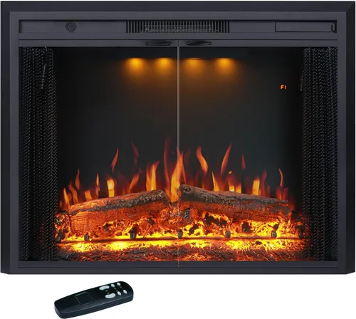 Valuxhome Inserto de chimenea eléctrica de 35.63” de ancho y 27.5" de alto con ajustes de temperatura baja/alta, pantalla de malla móvil y puerta de