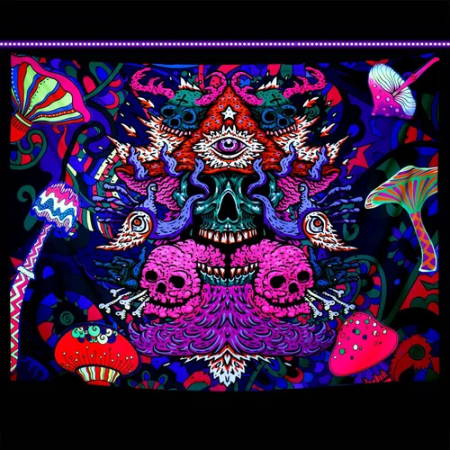 Miniatura 2 de Leofanger - Tapiz estético de calavera con luz negra, para colgar en la pared, reactivo a los rayos UV, colorido, hippie, para decoración del hogar