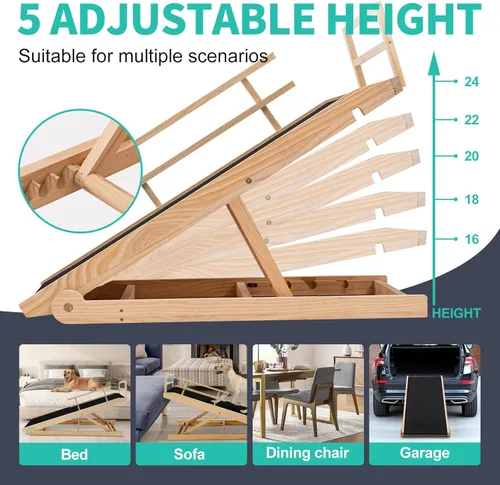 Miniatura 4 de Rampa para Perros, Rampa Plegable de Madera Ajustable de 5 Niveles para Cama Mediana, Sofá, SUV - Alta Tracción, Rampas Portátiles para Patas