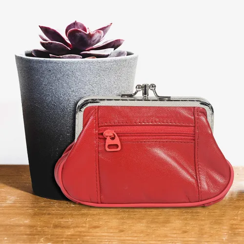 Miniatura 2 de Monedero de cuero con doble cierre de cremallera para mujer 5 14 pulgadas x 3 14 pulgadas Rojo billetera estilizada