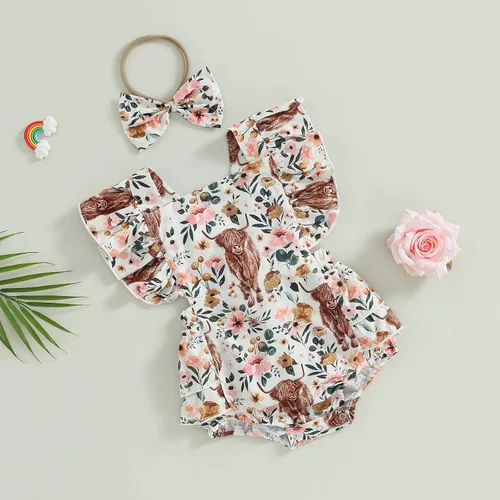 Miniatura 3 de Karuedoo Ropa de bebé del oeste con estampado de vaca, con volantes, sin mangas, mameluco con diadema, traje de vaquera para bebé