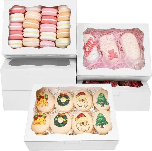20 cajas blancas de panadería de 8 x 6 x 2.5 pulgadas, cajas de galletas con ventana, cajas de postre para galletas, pasteles, macarrones, donas,