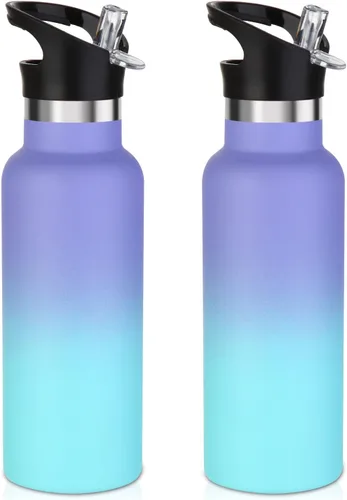 Miniatura 25 de Volhoply Botella de agua aislada para niños de 17 onzas, botellas de agua de acero inoxidable con tapa con pajilla, botella de agua de metal al