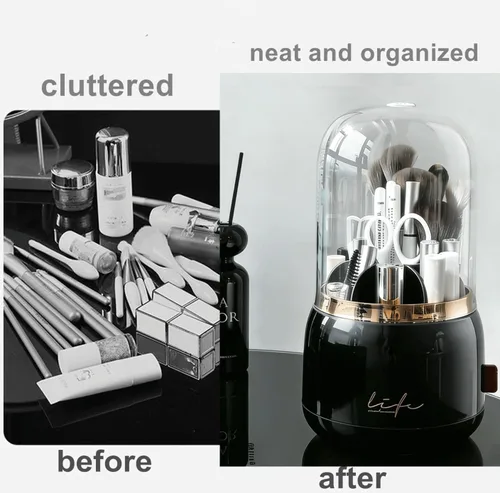 Miniatura 2 de Soporte giratorio para brochas de maquillaje con tapa, organizador de maquillaje transparente a prueba de polvo para encimera de tocador, incluye un