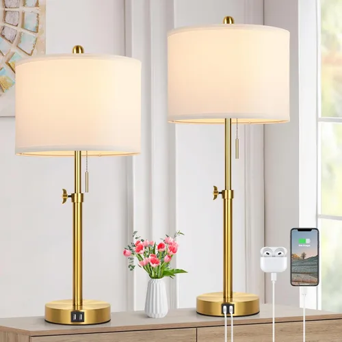 Miniatura 9 de Kondras Table Lamps for Bedroom Set of 2, 23''-30'' Adjustable Height Bedside Lamps with 2 USB Ports, Black Nightstand Lamps with Grey Linen Shade