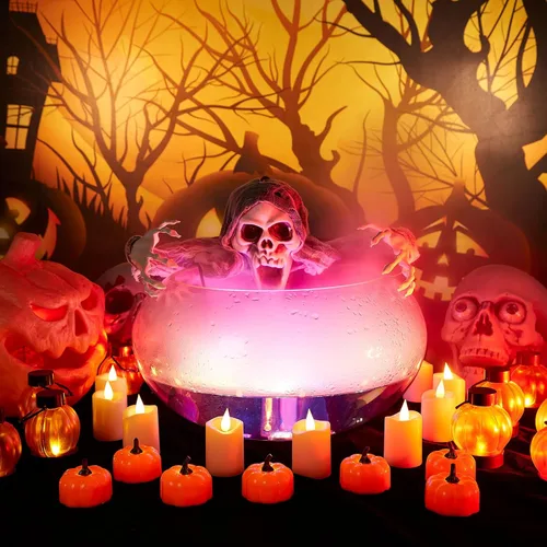 Miniatura 4 de IMAGE Farol de calabaza parpadeante, paquete de 12 luces LED parpadeantes de Halloween con velas sin llama que funcionan con pilas para Halloween