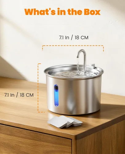 Miniatura 8 de oneisall Fuente de agua para gatos de acero inoxidable, fuentes de agua de 2 litros para gatos en interiores con bomba silenciosa y 3 filtros