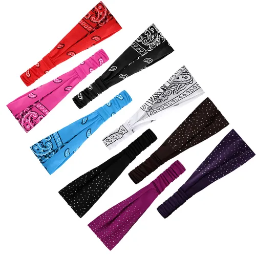 Miniatura 6 de WILLBOND 10 diademas anchas para mujer, antideslizantes, anudadas, con diamantes de imitación, elásticas, bohemias, africanas, brillantes