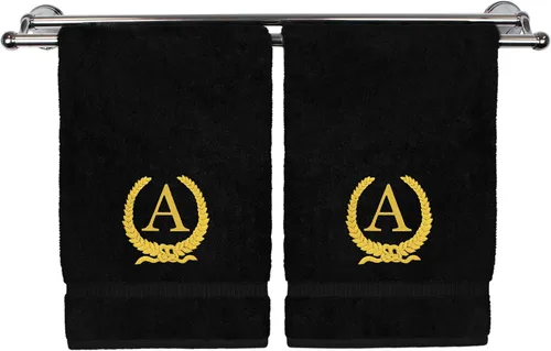 Miniatura 168 de Toalla de mano con monograma, regalo personalizado, 16 x 30 pulgadas, diseño de corona dorada bordada con letra blanca en toalla negra, extra