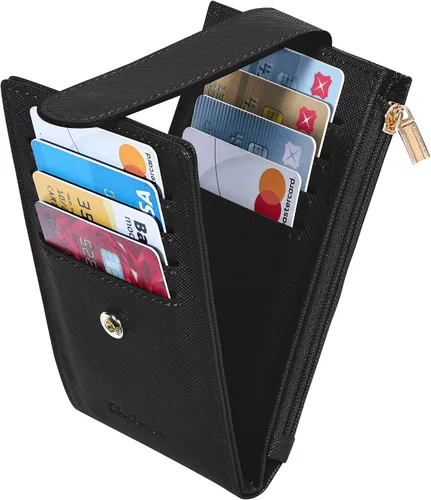 Miniatura 5 de Chelmon Billetera delgada para mujer, con bloqueo RFID, plegable, con bolsillo con cremallera, Negro -, Minimalista