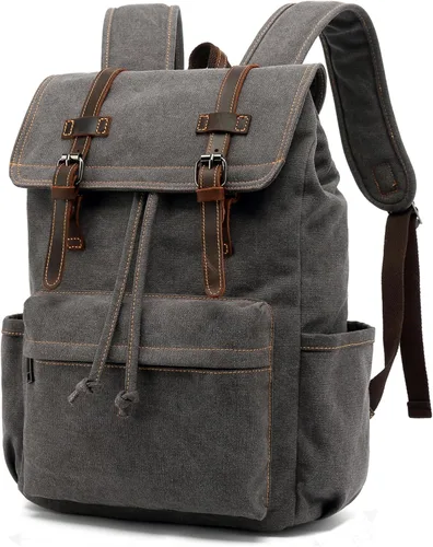 Miniatura 7 de HuaChen Mochila de lona, mochila vintage para laptop de 14 pulgadas, mochila de viaje y senderismo con bolsillo antirrobo, ribete de cuero genuino
