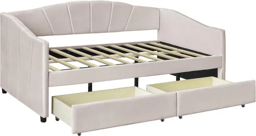 Miniatura 7 de Sofá cama individual con 2 cajones tapizado moderno, plataforma para sofá cama, marco de listones de soporte para dormitorio, sala de estar,