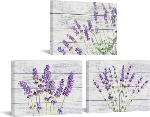 Biuteawal Arte de pared vintage de 3 piezas para baño, color morado lavanda, pintura de cuadros de madera gris, pósteres e impresiones rústicas,