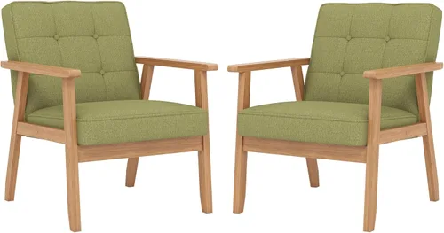 Miniatura 17 de Silla decorativa moderna con reposabrazos, silla de ocio tapizada de tela de lino con botón de respaldo y marco de madera para sala de estar, Beige
