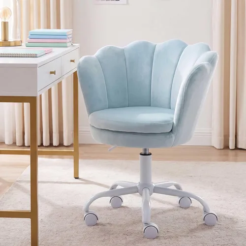 Silla de escritorio de terciopelo para niños, bonita silla de computadora moderna tapizada, con brazo giratorio, silla de tocador ajustable para