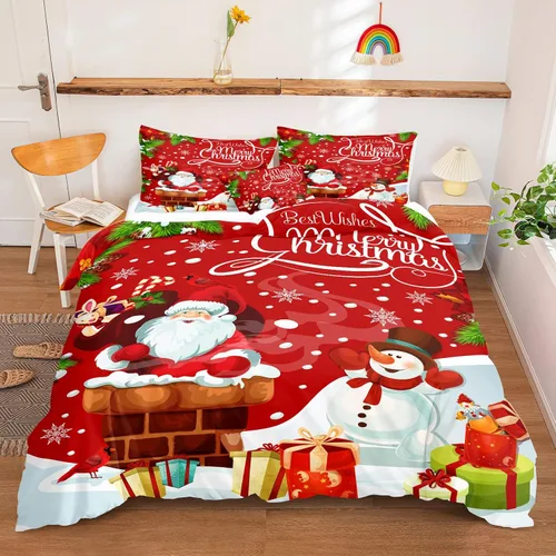 Miniatura 38 de Juego de ropa de cama de Navidad con funda de edredón de copos de nieve, color blanco y rojo, con estampado navideño, juego de ropa de cama festiva