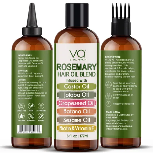Miniatura 2 de VITAL AFFAIR Mezcla de aceite de romero puro para el crecimiento del cabello con ricino, batana, aceite de jojoba infundido con biotina y vitamina
