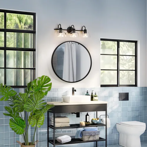 Miniatura 6 de KSANA Lámpara de baño negra, lámpara de tocador de 3 luces con pantalla de cristal transparente de gran apertura, moderna lámpara de pared de granja