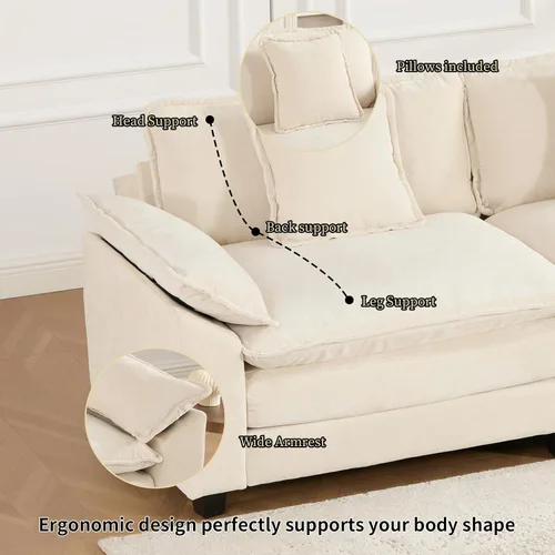 Miniatura 5 de Sofá seccional modular beige de 117.3", sofás seccionales grandes de 3 plazas para sala de estar, sofá nube oversized de tela chenille con otomana