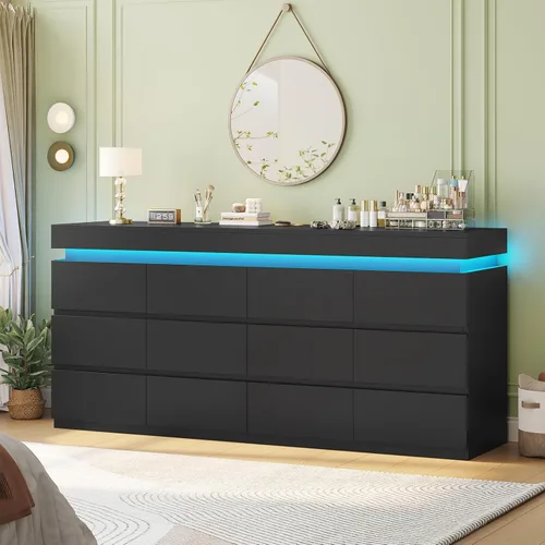 Miniatura 13 de HAUOMS Cómoda alta de 5 cajones con luz LED, cómoda moderna negra para dormitorio, cómodas de armario con cajones para sala de estar, entrada