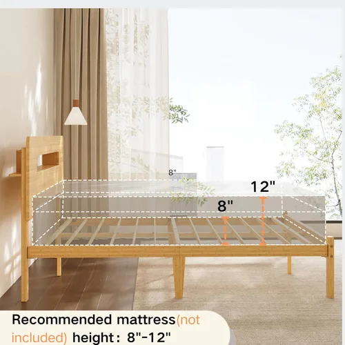 Miniatura 9 de Base de cama de tamaño matrimonial de 14 pulgadas de bambú con cabecera de almacenamiento, marcos de cama sólidos, soporte de listones de metal