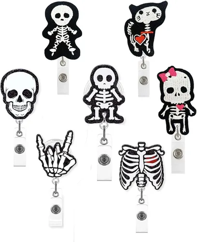Miniatura 8 de Portatarjetas para carretes de insignias, 10 paquetes retráctiles lindos patrones de calavera de Halloween, trabajo, oficina, clip de cocodrilo